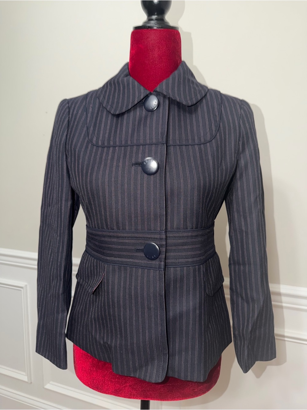 LINE‎ by LYNN South Korea Pinstripe Wool Blend Belted Jacket Blazer